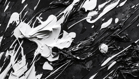 Abstract artwork showcasing a chaotic arrangement of black and white paint swirls on a textured canvas surface.の素材
