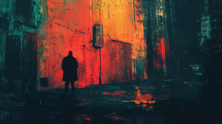 A digital painting depicting a lone figure standing in an abstract alleyway with vibrant colors and brushstrokes.の素材
