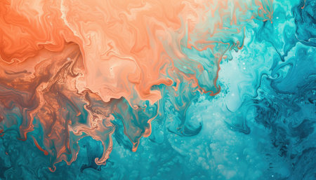 A close-up abstract image of teal and orange swirling liquid paint.の素材
