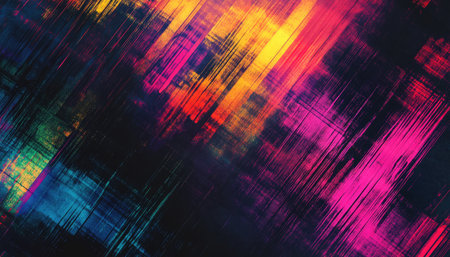 A digital abstract background featuring diagonal brushstrokes in a vibrant color palette on a dark backdrop.の素材