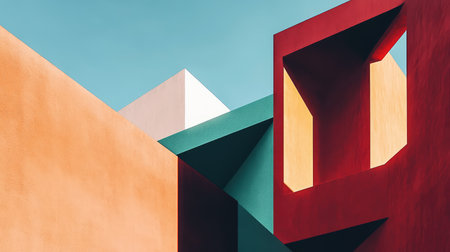 A close-up view of an abstract architectural design featuring a series of geometric shapes and vibrant colors.の素材