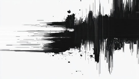 An abstract digital painting with black ink splashes and lines on a white background.の素材