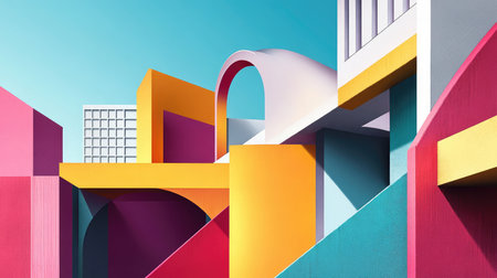 A digital illustration depicting an abstract architecture with geometric shapes in vibrant colors.の素材