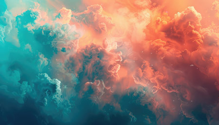 A vibrant abstract image of swirling clouds in warm orange and cool blue hues, creating a celestial and dreamy atmosphere.の素材