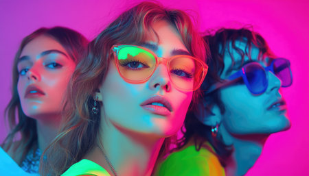 A close-up portrait of three young adults posing with sunglasses under colorful neon lights.の素材