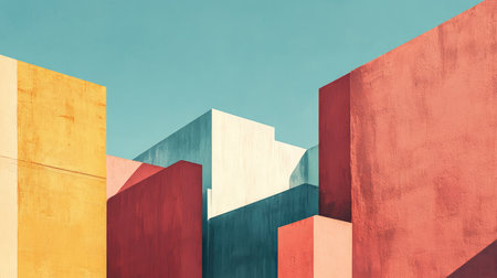 A close-up view of a building with colorful walls forming an abstract geometric pattern against a blue sky.の素材