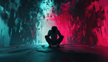 A person is sitting with their head in their hands in a futuristic neon-lit hallway.の素材