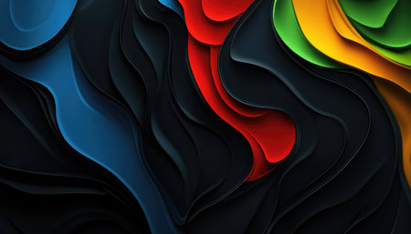 An abstract image with a colorful wavy pattern in dark tones, showcasing a blend of vibrant hues and fluid, layered forms.の素材