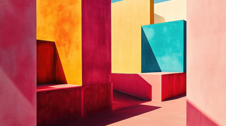 A close-up of a modern architectural structure featuring contrasting colors and sharp angles, creating an abstract composition.の素材