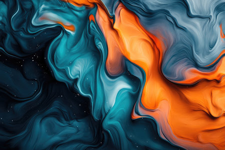 An abstract painting featuring swirling, vibrant colors of teal, orange, and gray.の素材