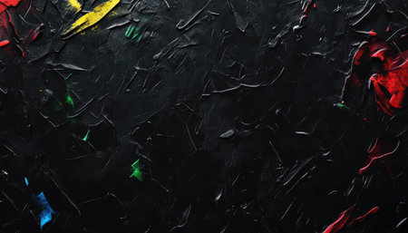 An abstract painting with bold color splashes on a textured black canvas.の素材
