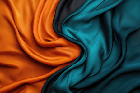 A close-up image of draped fabric in teal, orange, and black, showing soft folds and textures.の素材