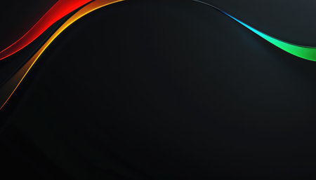 A minimalist abstract image featuring vibrant curved lines in red, yellow, blue, and green against a black background.の素材