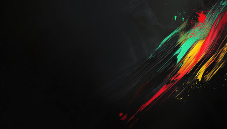 An abstract painting featuring red, yellow, and green streaks against a black background.の素材