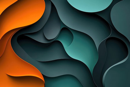 A digitally rendered abstract background featuring curved, overlapping shapes in shades of orange and teal.の素材