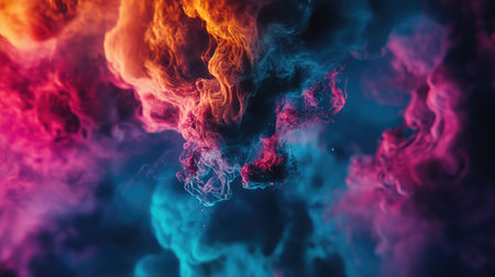 A close-up of colorful smoke swirling and interacting, creating a dynamic abstract composition.の素材