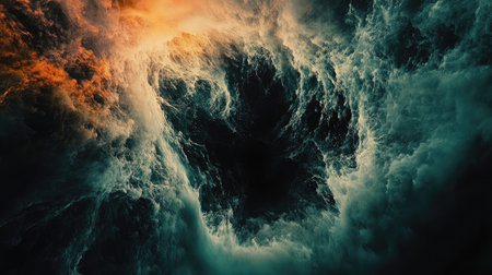 A digital illustration depicting a swirling mass of colorful clouds that form a dark void in the center.の素材