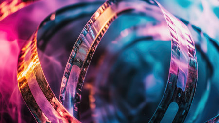 A close-up image of film reels illuminated by neon lights, creating an abstract and textured visual.の素材