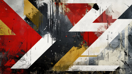 A contemporary abstract painting featuring bold geometric shapes in contrasting colors, creating a dynamic and visually impactful composition.の素材