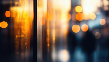 A blurred image of a cityscape at night, with warm light shining through a window.の素材