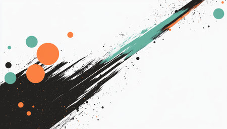 Abstract artwork with a white background, featuring black, orange, and teal brushstrokes and splatters.の素材