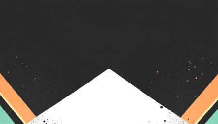 A minimalist abstract design featuring a white triangle shape at the center, surrounded by black, orange, and green geometric elements and black and orange splatters.の素材