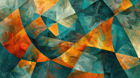 A digitally created abstract art piece featuring a geometric pattern in vibrant teal, orange, and brown tones.の素材