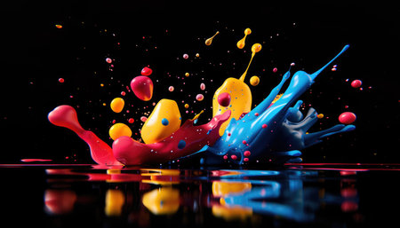 A close-up of red, yellow, and blue paint droplets splashing against a black background, creating a dynamic and colorful abstract composition.の素材