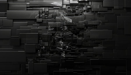 A black and white abstract image of a geometric pattern made of overlapping squares and rectangles.の素材