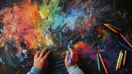 An overhead view of a child's hands drawing an abstract piece of art with a variety of colorful crayons on black paper.の素材
