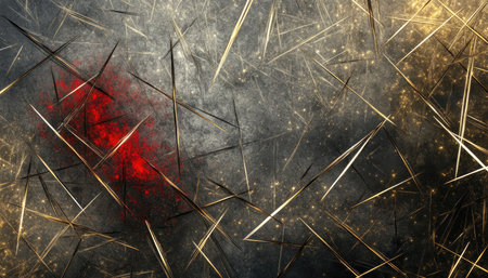 A black background with abstract gold lines and a red splatter effect, creating a visually interesting and textured design.の素材