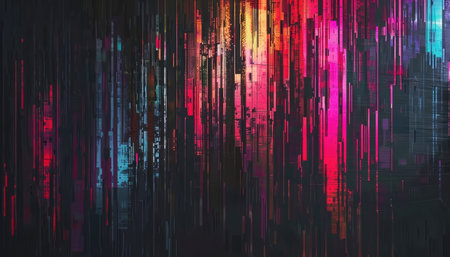 An abstract digital art piece featuring a dark background with vertical lines in pink, red, and blue hues.の素材
