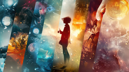 A collage of various abstract landscapes with a woman in silhouette holding a glowing orb, surrounded by swirling colors and cosmic elements.の素材