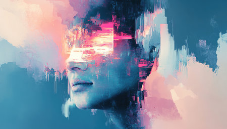 A digital art portrait of a person&#39;s face, rendered in a colorful abstract style with glitches and brushstrokes.の素材