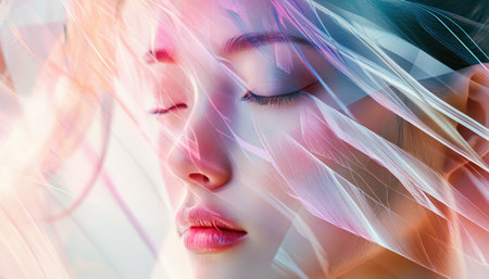 A close-up portrait of a woman&#39;s face, partially veiled with shimmering fabric, highlighting her soft features and delicate skin.の素材