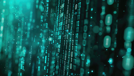An abstract image of binary code with a teal color scheme and a bokeh effect.の素材