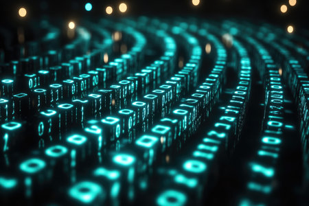 An abstract image of glowing cyan cubes arranged in rows, representing binary code.の素材