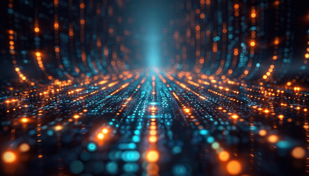 A digital landscape with a blurred focus, featuring a network of glowing orange and blue lights that create an abstract and futuristic effect.の素材