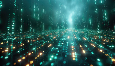 A 3D rendering of a digital cityscape with glowing teal and yellow lights, creating a futuristic and abstract background.の素材