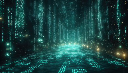 A digital representation of a futuristic cityscape, featuring glowing lights and a watery surface.の素材