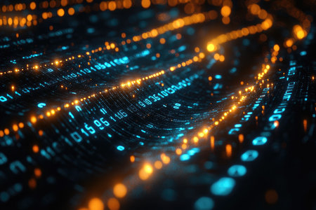 A close-up of a digital pattern with blue and orange lights, creating a futuristic and abstract design.の素材