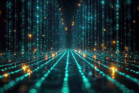 An abstract digital landscape rendered in 3D with glowing lights, binary code, and a perspective view.の素材