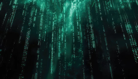 A digital illustration of green code falling down a black background.の素材