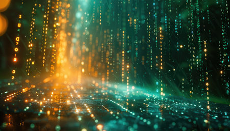 A digital background with falling binary code, bokeh lights, and a blurred, sparkling surface.の素材