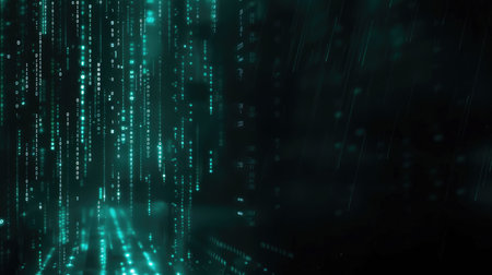 A digital rain visualization featuring cascading binary code and glowing particles against a dark background.の素材