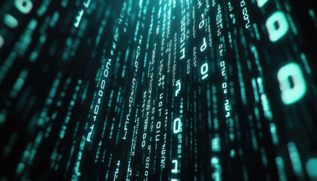 A close-up abstract digital image depicting turquoise binary code cascading down a dark background.の素材