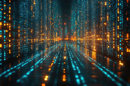 A digitally rendered abstract hallway with blue and orange glowing lights.の素材