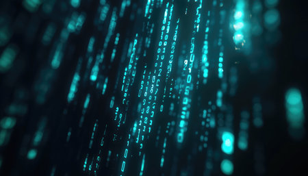 A digitally rendered image depicting a stream of blue and green glowing numbers falling like rain against a dark background, symbolizing digital data or code flow.の素材