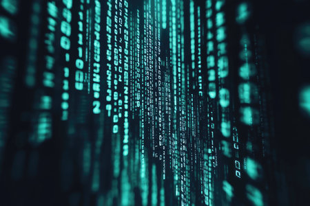 An abstract digital background featuring a matrix-like pattern of falling green numbers.の素材