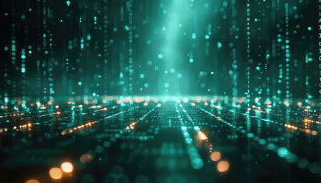 An abstract representation of a digital cityscape with falling green particles and binary code.の素材